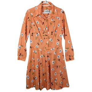Vtg Shirtwaist Dress Small Floral Orange Long Sleeve Knee Length Button Daisy